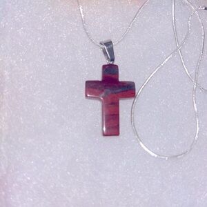 Boho hippie Red Jasper Cross Sterling Silver 16” Necklace